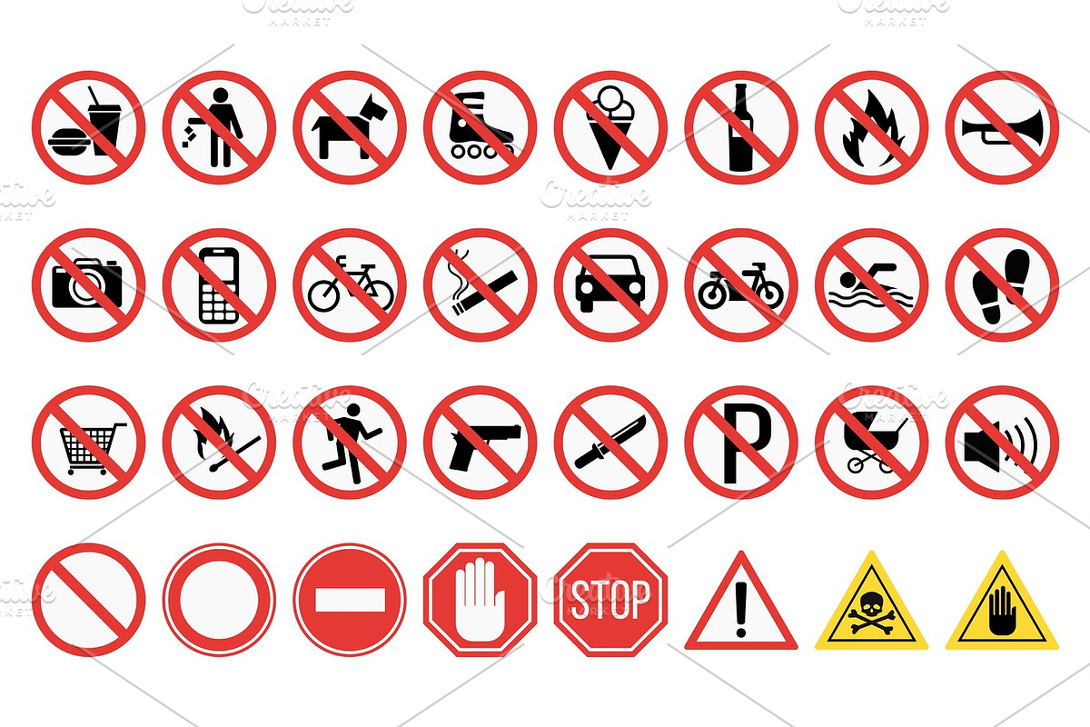 Prohibition signs set safety information vector illustration., an ...