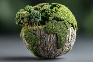 Eco business concept: green planet globe made of bark, moss and trees represent, a Photo by AS photostudio