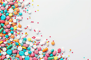 Colorful medicine pills with copyspace on white background, a Health & Medical Photo by AlyaAnd