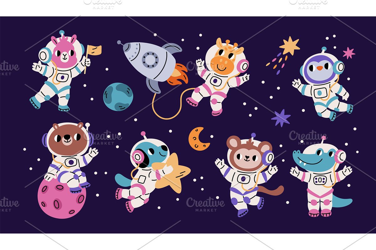 Cartoon animals astronauts. Cute, an Animal Illustration by YummyBuum
