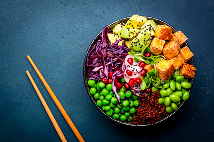 Vegan buddha bowl with red quinoa, fried tofu, avocado, edamame, a Food & Drink Photo by 5PH