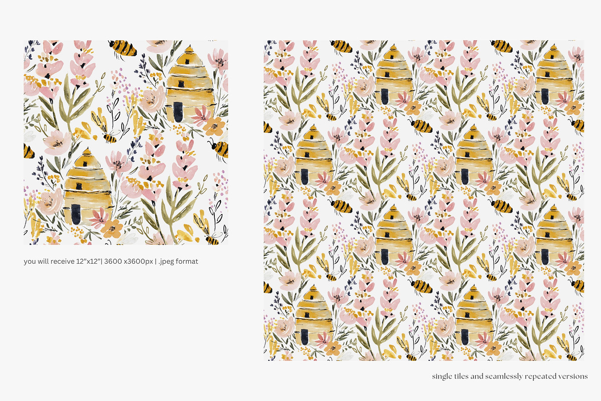 watercolor bee seamless pattern set