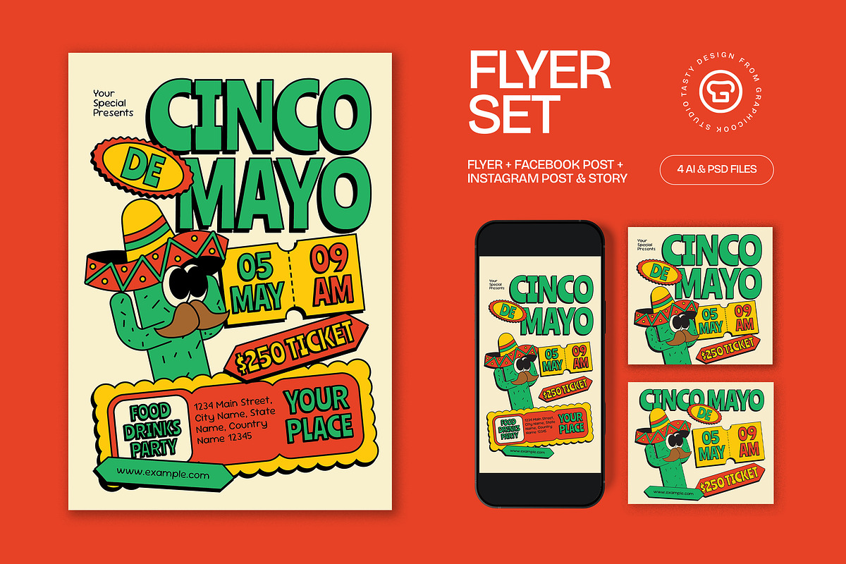 Cream Quirky Cinco De Mayo Flyer Set, a Flyer Template by graphicook (Photo 1 of 3)