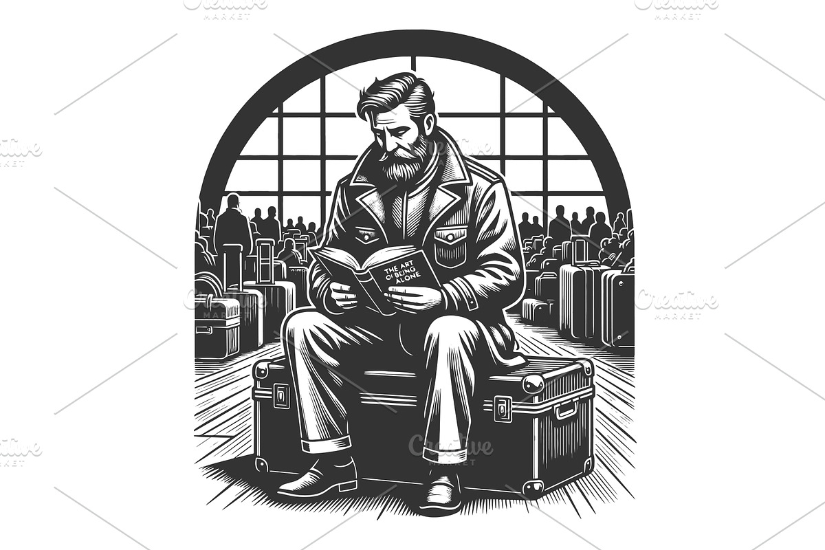 Bearded Traveler Reading Book at, a Person Illustration by AlexArt
