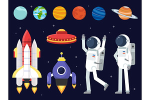 Set Of Planets, Space Shuttles And Astronauts In Flat Style