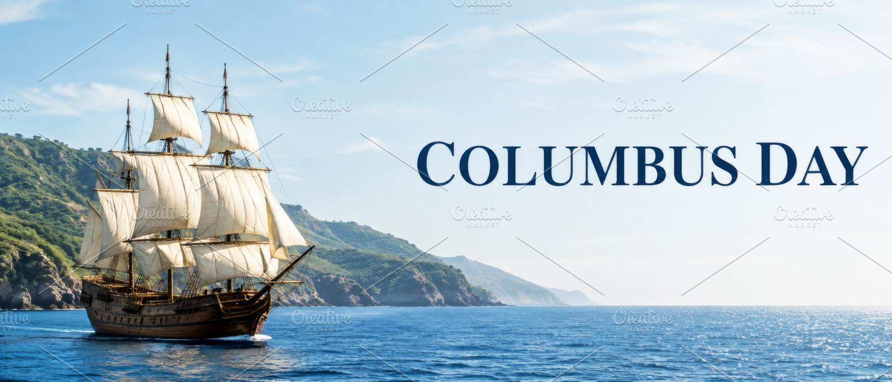 Columbus Day 12 October text beside historic sailing ship at sea, a Photo by Dvoevnore photos