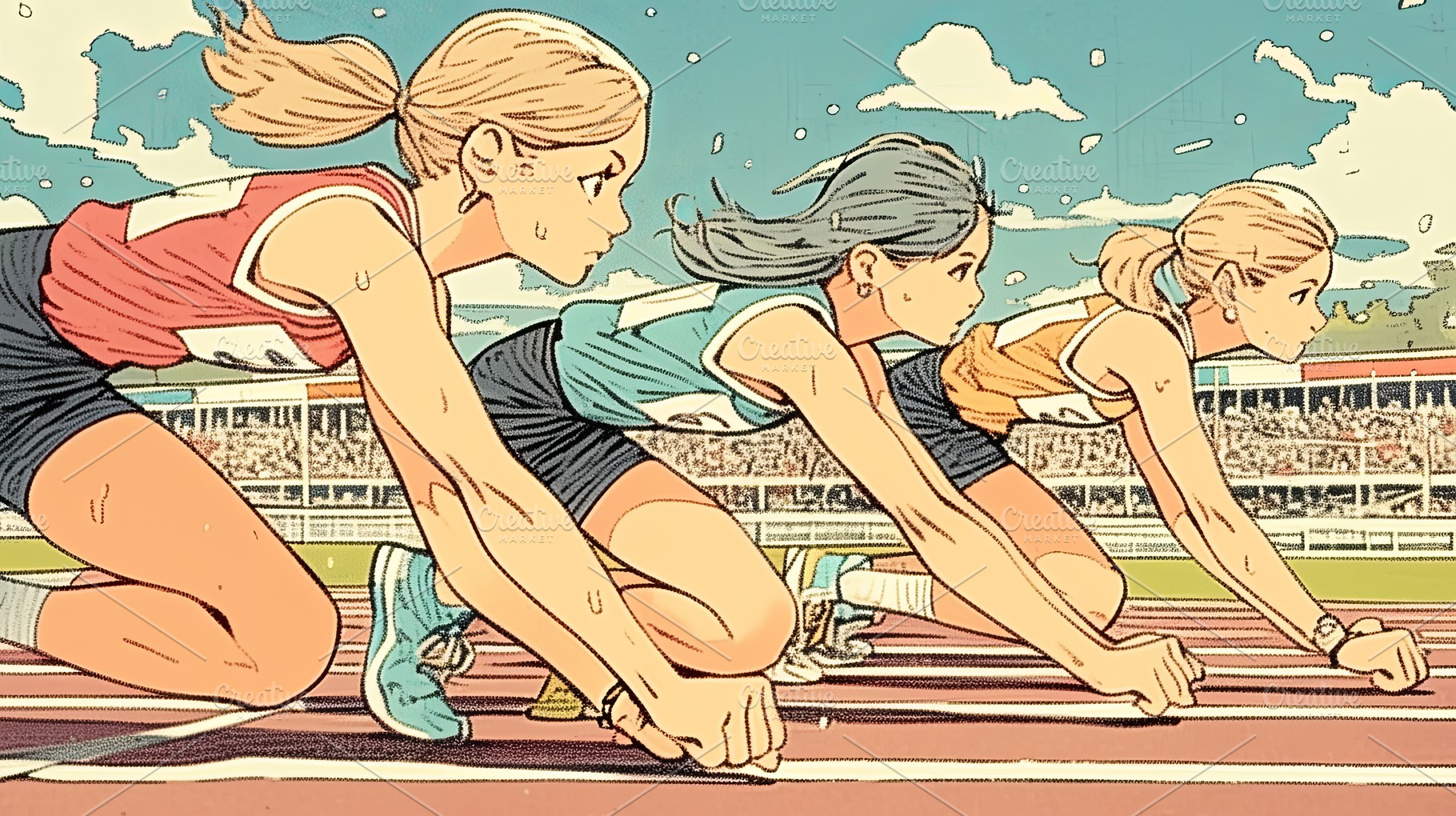 Young athletes in starting position on track during outdoor competition day, a Photo by AS photostudio