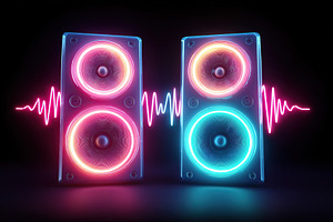 Sound pulses generate vibrant arcs between two illuminated speakers in a dark s, a Background Photo by AlyaAnd