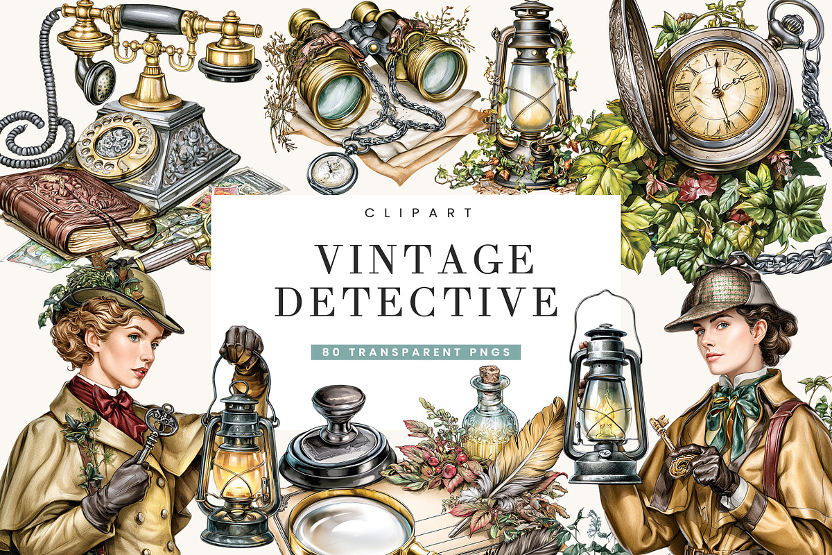 Vintage Detective Clipart Bundle, a Person Illustration by BusyDaydesign (Photo 1 of 9)