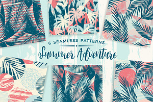 Summer Adventure. 6 Seamless Pattern