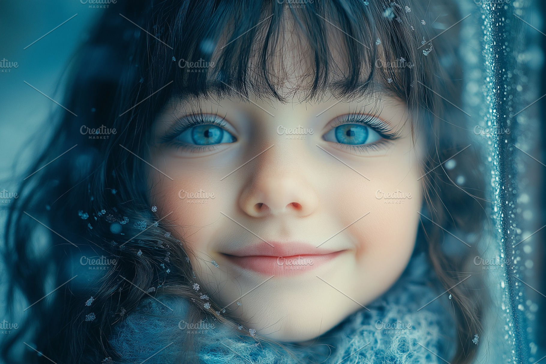 Close-up of a smiling young girl with blue eyes and dark curly hair, framed by, a Person Photo by ImageMir