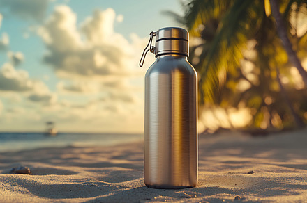 Modern water bottle on sandy beach, a Business Photo by Beautiful things