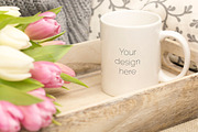 White Mug w Tulips on Tray Mockup, a Product Mockup by Kreanille Design (Thumbnail 2 of 2)
