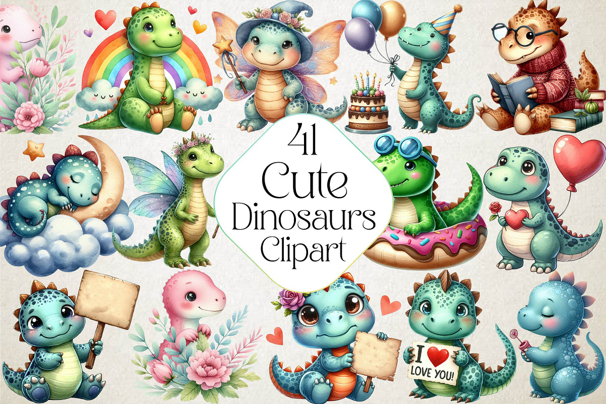 Cute Dinosaurs Sublimation Clipart, an Illustration by DreamPrint404 (Photo 1 of 4)
