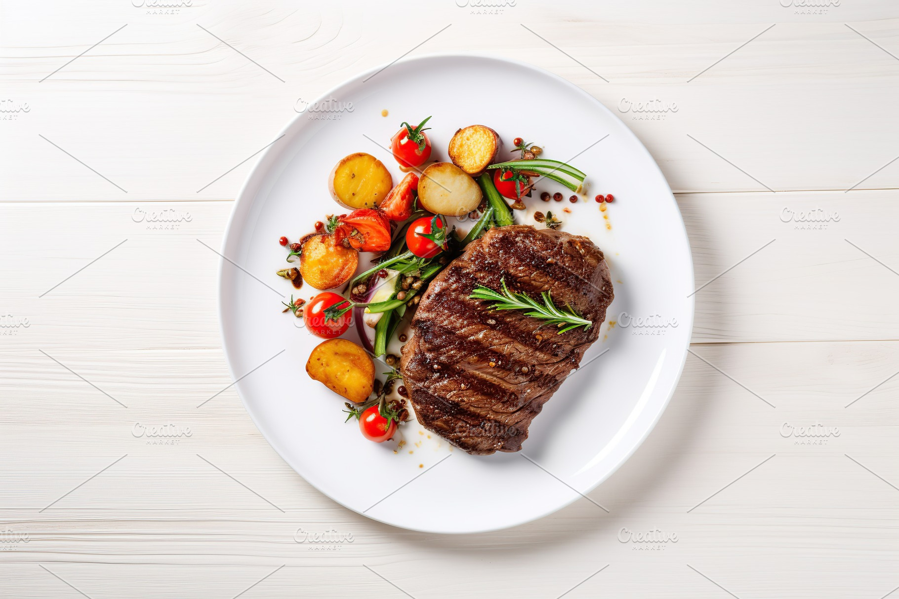 Grilled meat steak with vegetables in plate on white wooden background, a Food & Drink Photo by AlyaAnd
