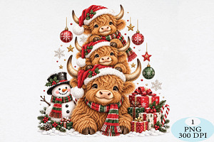 Christmas Highland Cow Family PNG