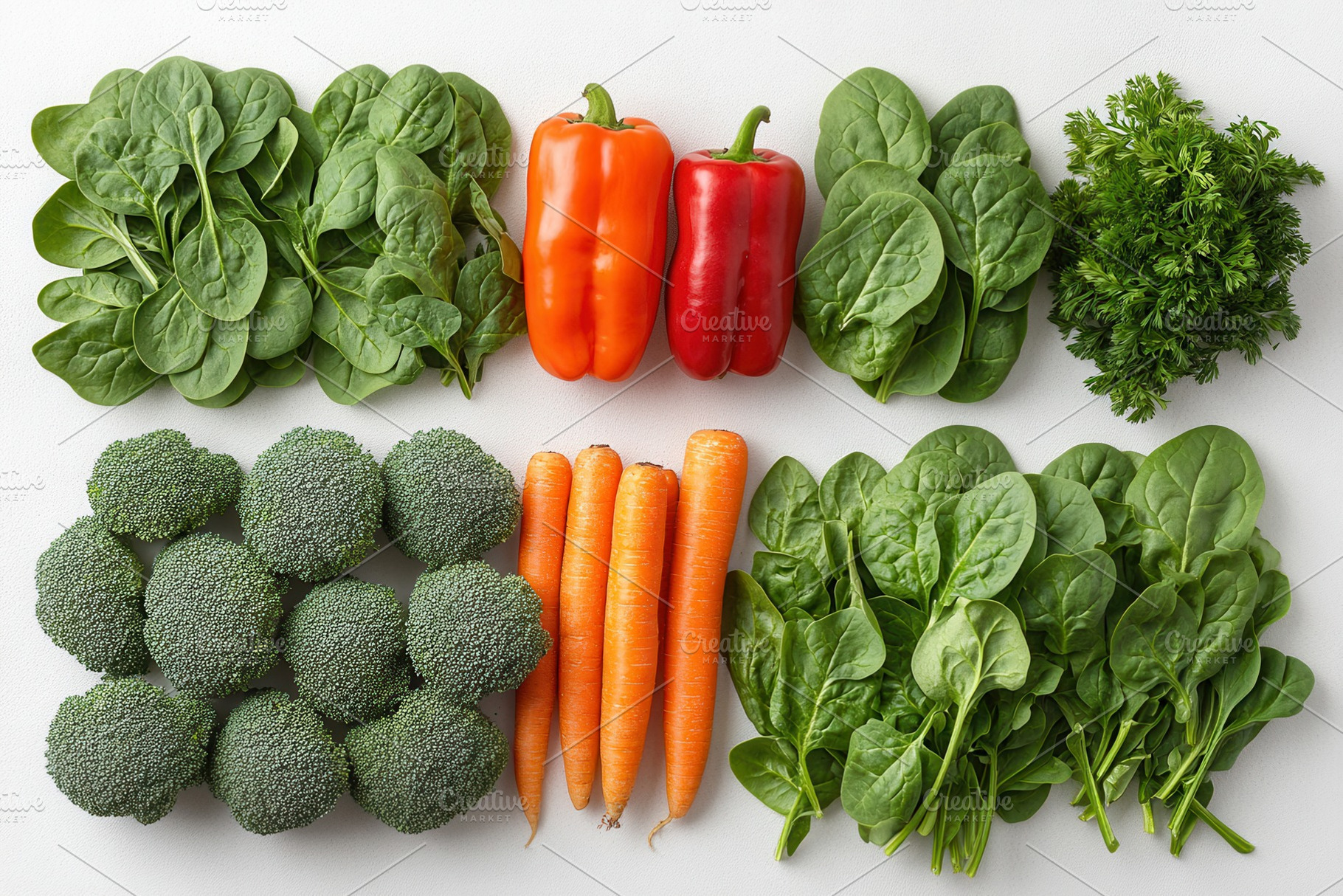 Fresh vegetables arranged neatly on, a Photo by Tanuart
