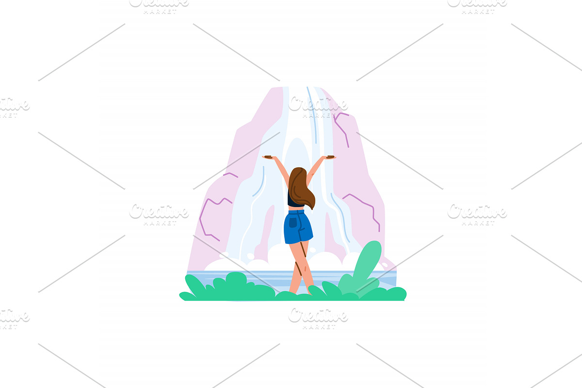 Tourist enjoying majestic waterfall, an Illustration by pikepicture
