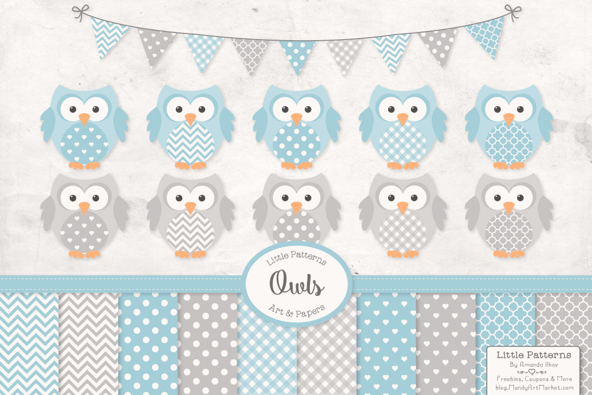Grey & Blue Owl Vectors & Papers, an Animal Illustration by Amanda Ilkov (Photo 1 of 3)
