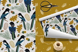 Autumn Birds. Seamless Patterns