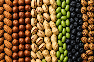 An assorted arrangement of almonds, a Food Illustration by Sergey Kotenev