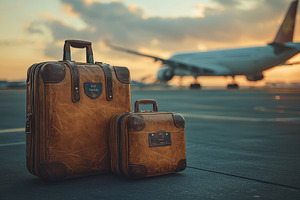 Two stylish luggage pieces on an air, a Photo by Tanuart