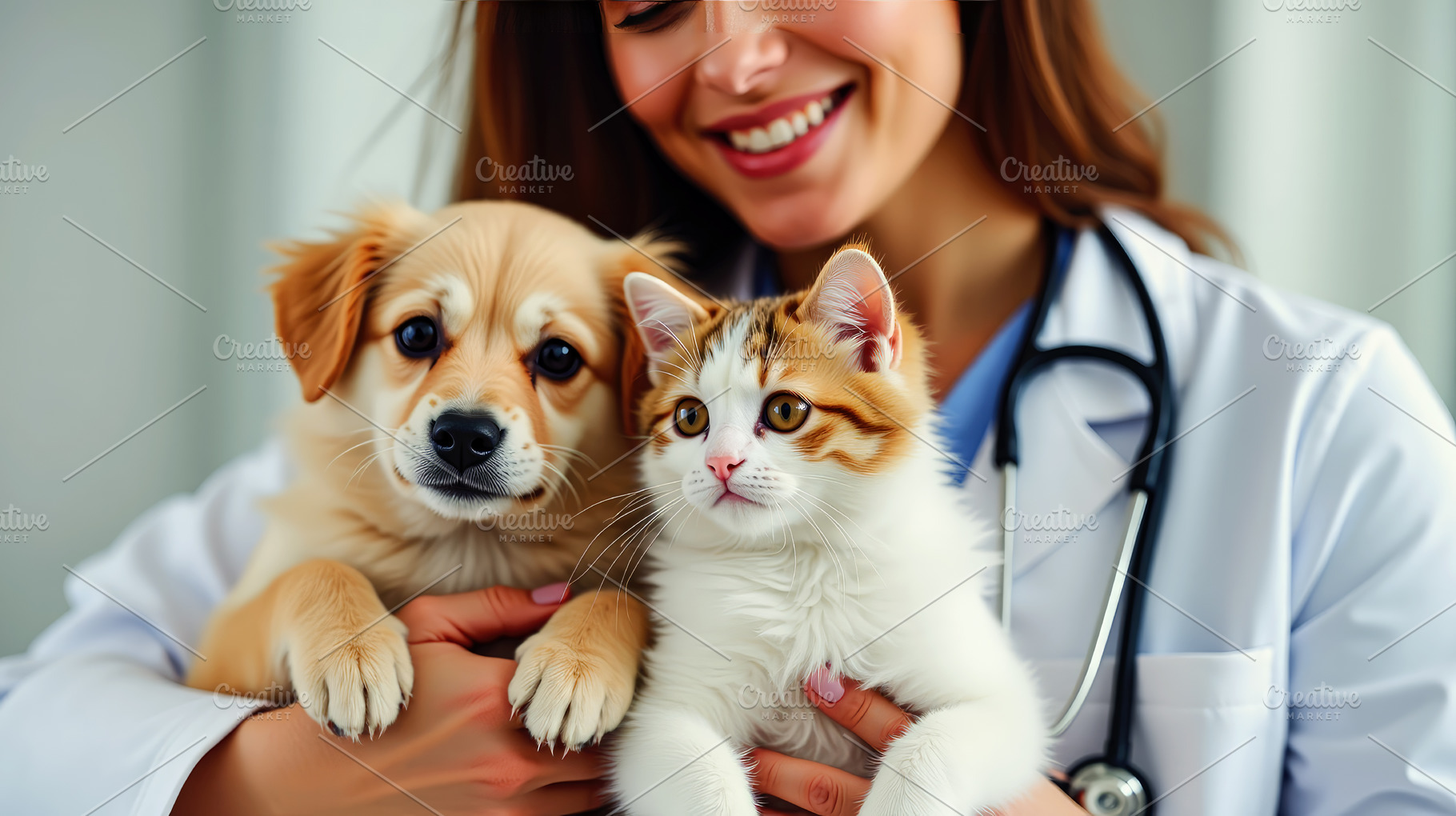 Smiling veterinarian with puppy and, an Animal Photo by Perpis
