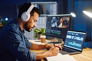 Businessman wearing headphones taking notes while editing on lap, a Business Photo by GoodGoods