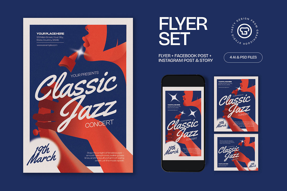 Blue Vintage Jazz Classic Flyer Set, a Flyer Template by graphicook (Photo 1 of 3)
