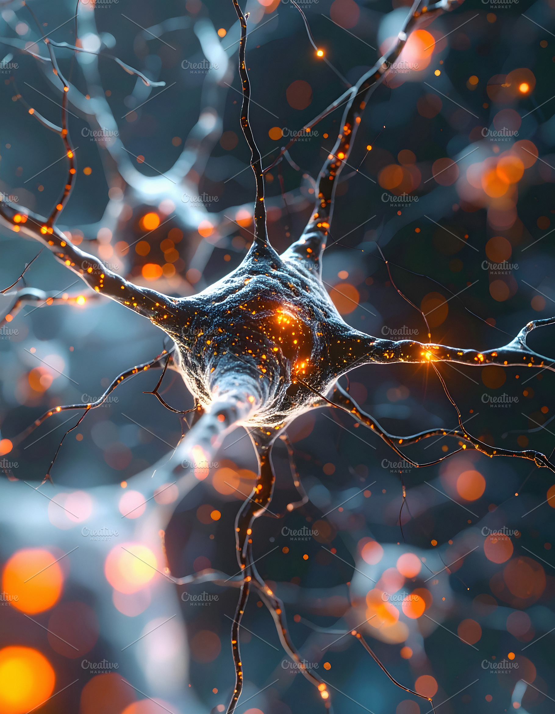 Detailed neuron body with branching dendrites and glowing sparks, a Health & Medical Photo by GoodGoods