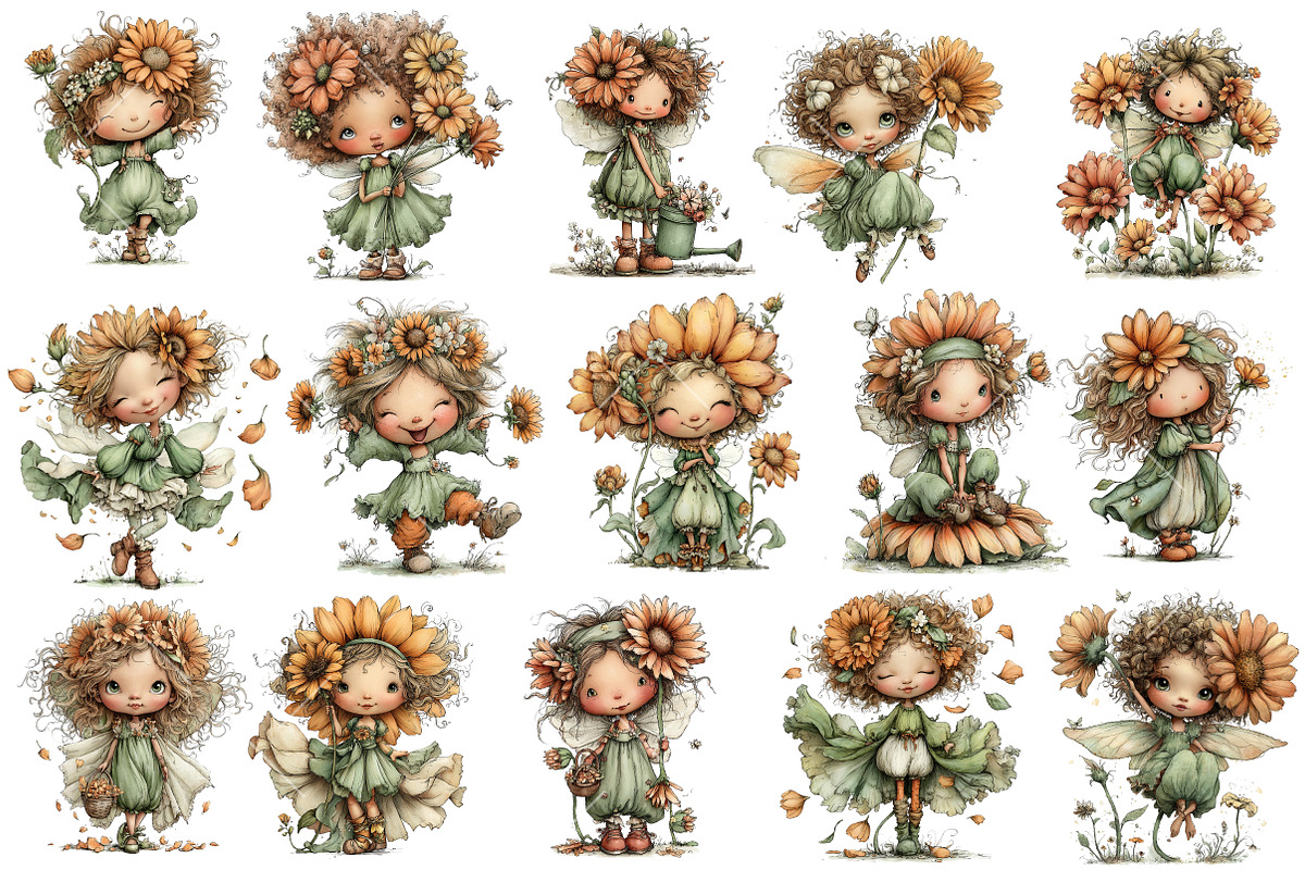 Whimsical Sunflower Fairy Clipart, an Illustration by OK Design (Photo 3 of 6)
