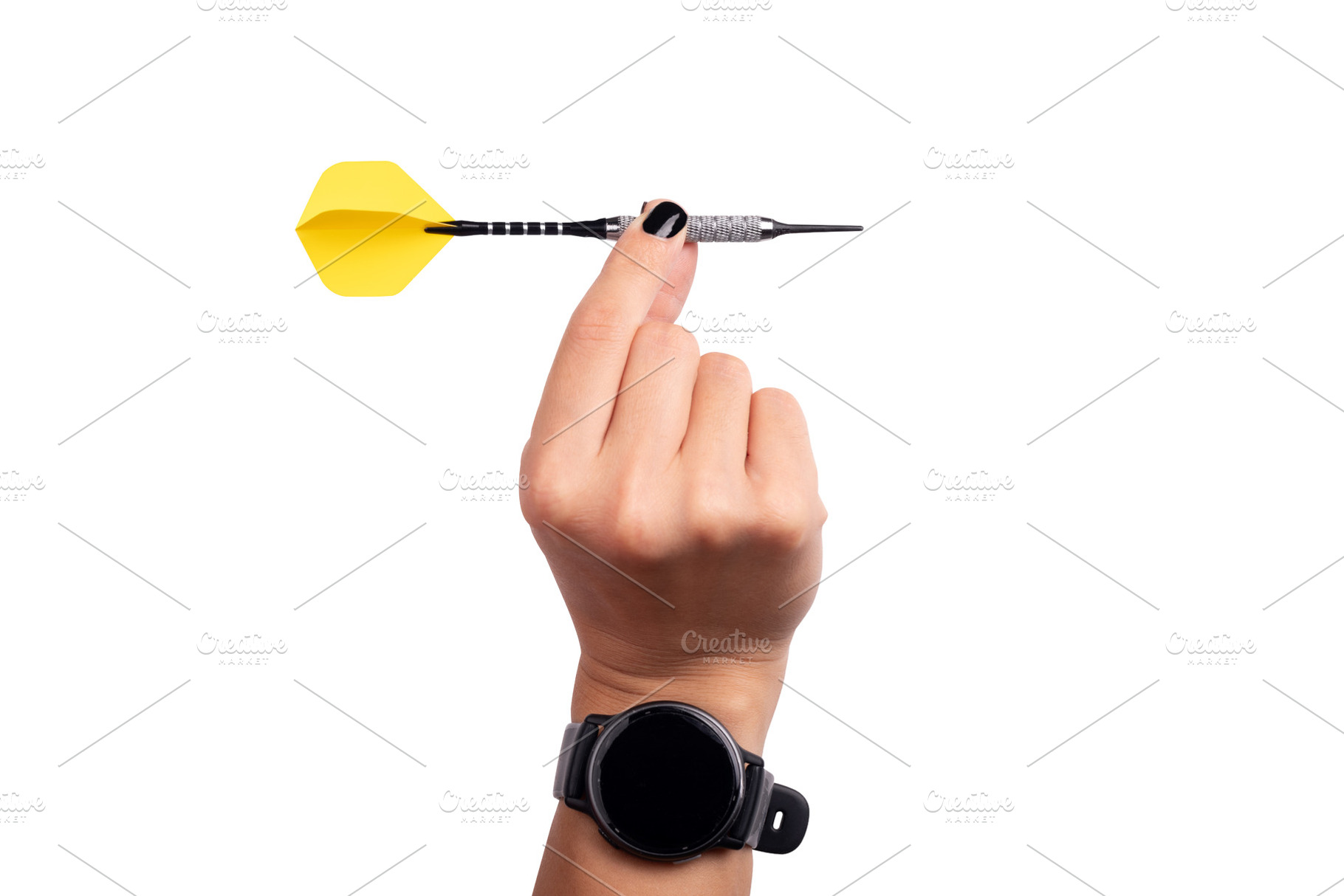 Close-up of a hand holding a yellow dart, isolated on white back, a Sports & Recreation Photo by Ales Munt