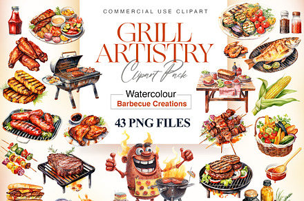 Watercolor Grill Clipart Pack, a Food Illustration by BrushstrokeArtGB