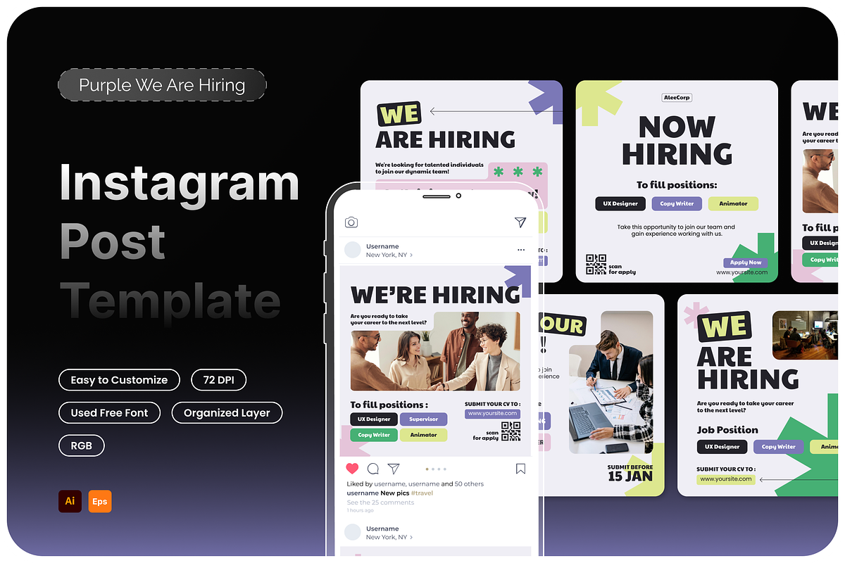 Purple We Are Hiring Instagram Post, a Social Media Template by Annora Studio (Photo 1 of 3)