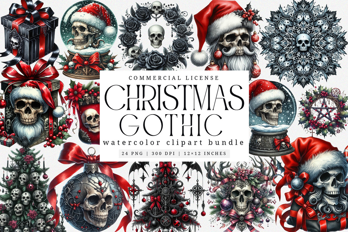 Watercolor Gothic Christmas Clipart, an Illustration by SinaCreation (Photo 1 of 7)