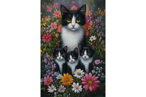 Cat Family Floral Spring Artwork, an Animal Illustration by Art Paradise Studios