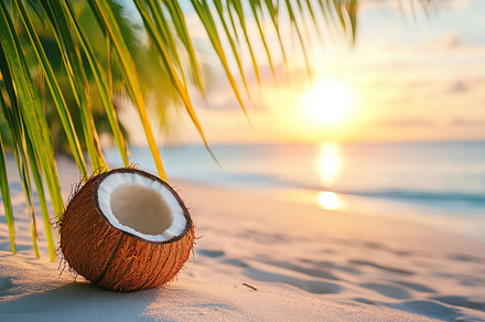 Fresh coconut on sandy beach on seaside background, a Food & Drink Photo by AlyaAnd