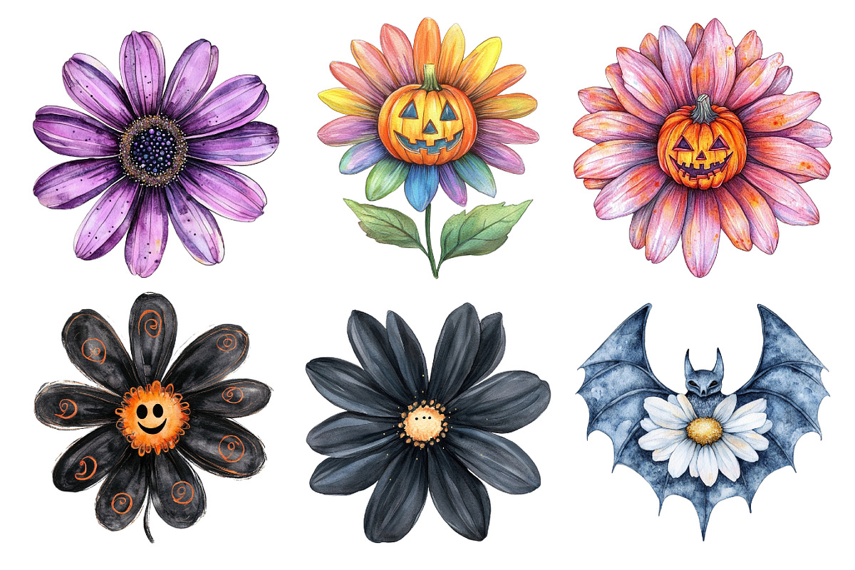 Watercolor Groovy Halloween Daisies, an Illustration by Daily.Designs (Photo 4 of 5)