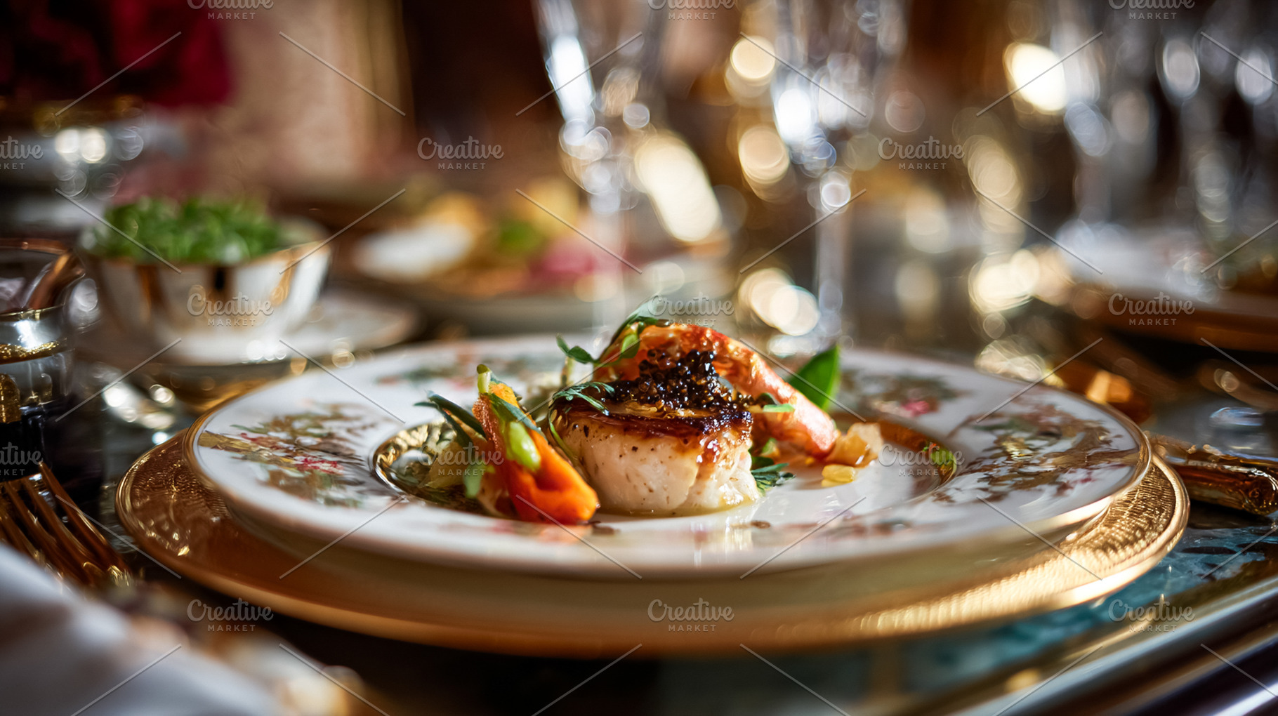 Gourmet seafood plating featuring scallops and shrimp with cavia, a Food & Drink Photo by Studio ANNA