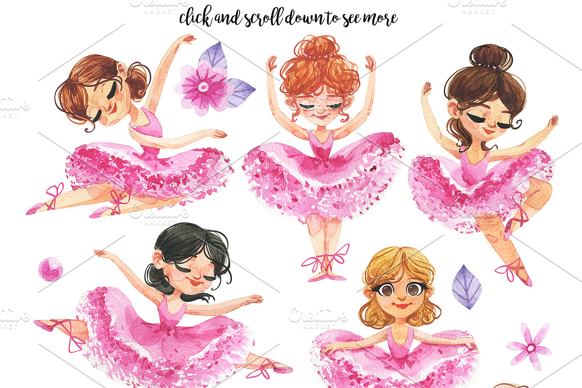 Cute Ballerinas watercolor set, an Illustration by KatBranchArt (Photo 2 of 3)
