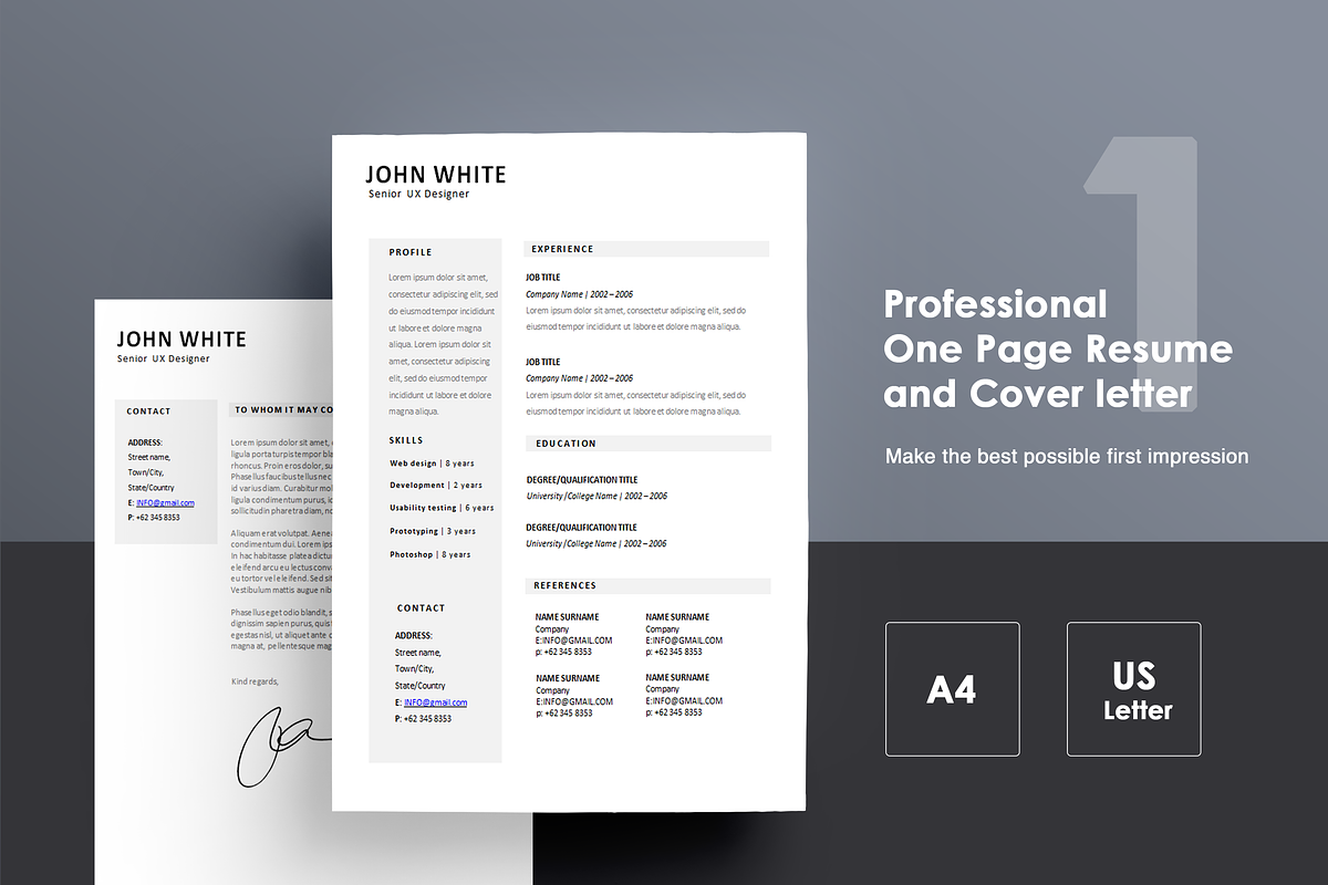 One page Resume CV + cover letter 1, a Resume Template by UX Design Mastery Shop (Photo 1 of 4)