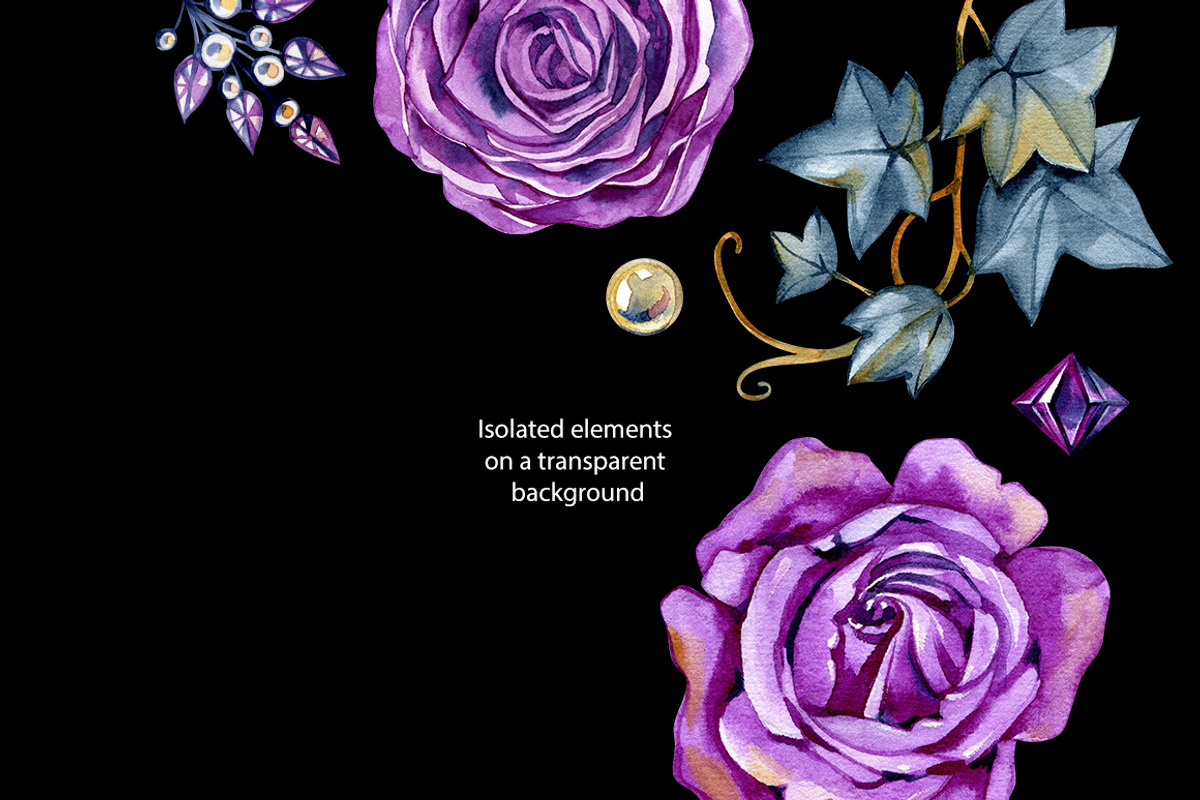 Watercolor violet roses and gems, a Decorative Illustration by NataliMiasStore (Photo 2 of 5)