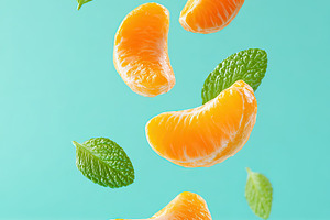 Distinct peeled mandarin wedges and fresh mint leaves suspended in vibrant turq, a Food & Drink Photo by AlyaAnd
