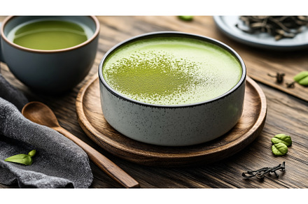 Ceramic bowl of green matcha tea on, a Food & Drink Photo by Sergey Kotenev