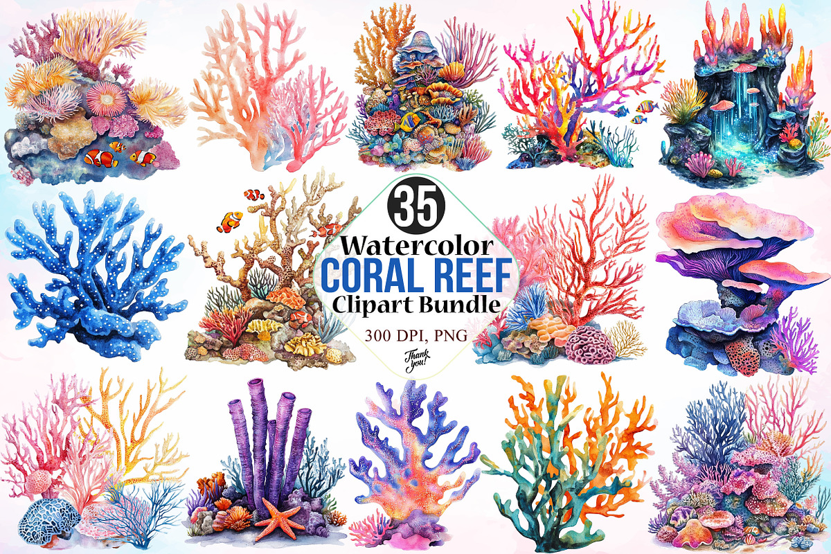 Watercolor Coral Reef Clipart Bundle, an Illustration by Canvas Craft (Photo 1 of 4)
