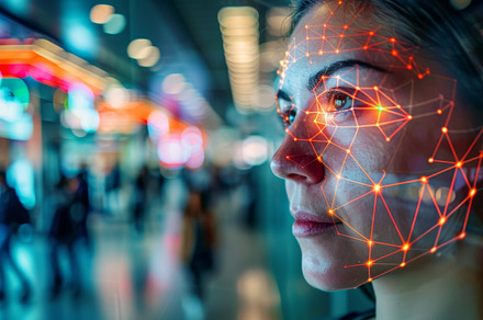 Woman face with digital grid pattern on dark blue background, au, a Photo by Dvoevnore photos