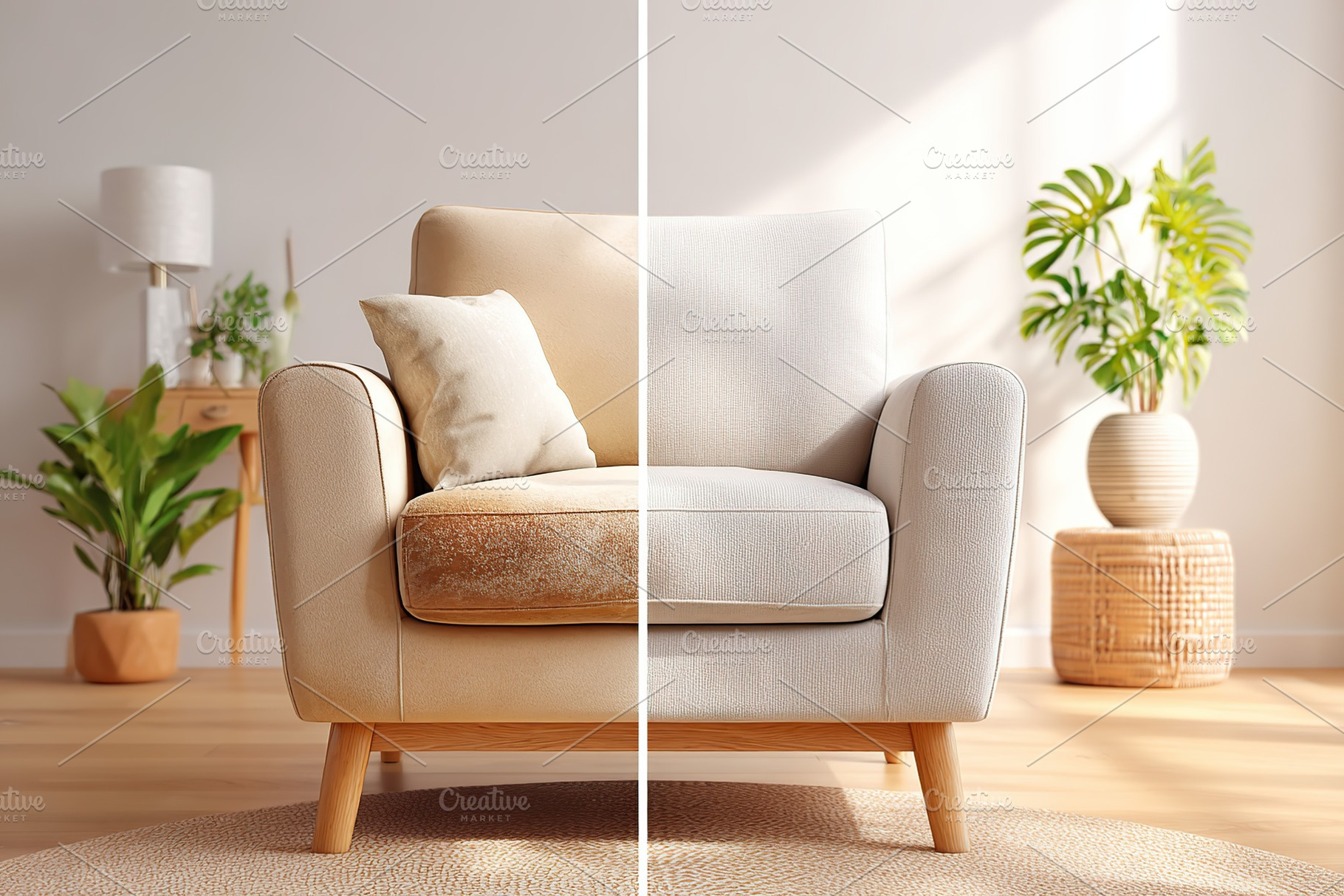 Comparison of two upholstered armchairs showcasing fabric differences in a brig, a Photo by AlyaAnd