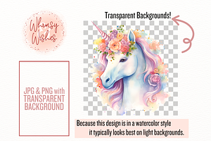 Floral Unicorns Watercolor Clip Art