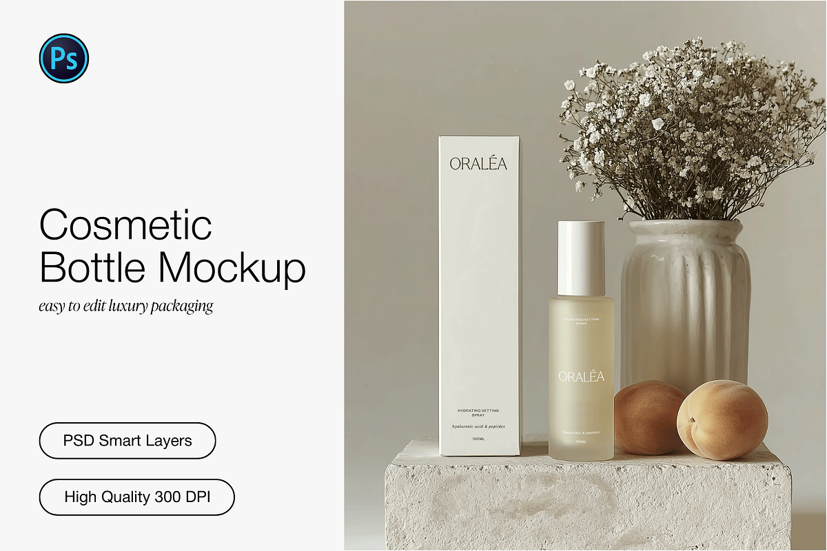 Peach Cosmetic Bottle Mockup, a Packaging Mockup by Digital Asset Co (Photo 1 of 4)