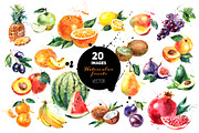 20 Watercolor Fruits Vector, a Food Illustration by Elena Pimonova (Thumbnail 1 of 5)